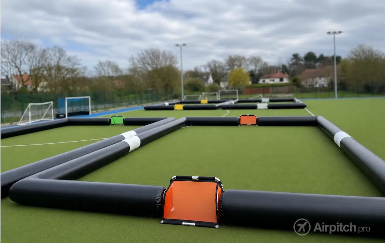 2v2 Inflatable Football Pitch — Mini Arena (10x6m) — view 01 (AirPitchPro CE-certified inflatable, real product photo)